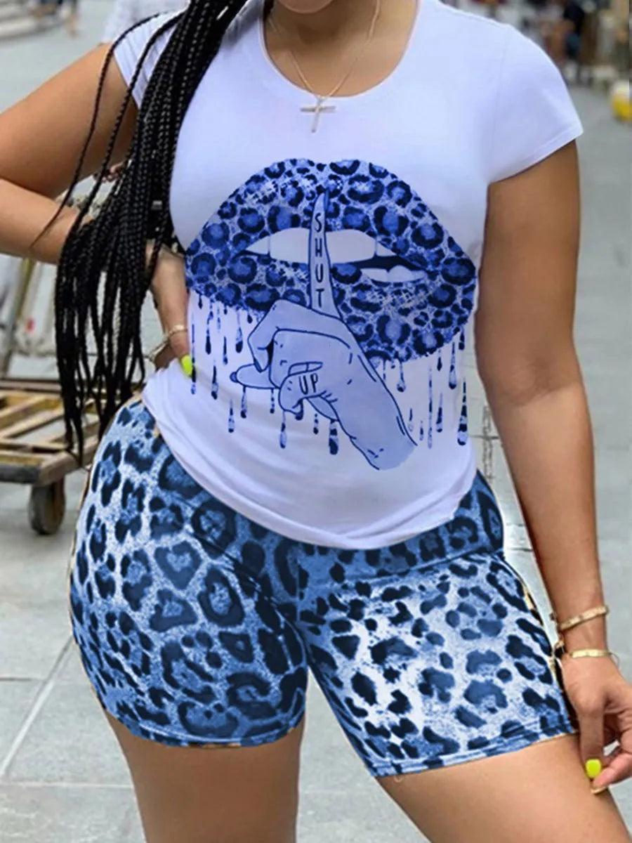 LW Plus Size Women Two Piece Set Leopard Lip Print Purple Two-piece Shorts Set T Shirts & Shorts Sexy Outfit For Woman Clothing