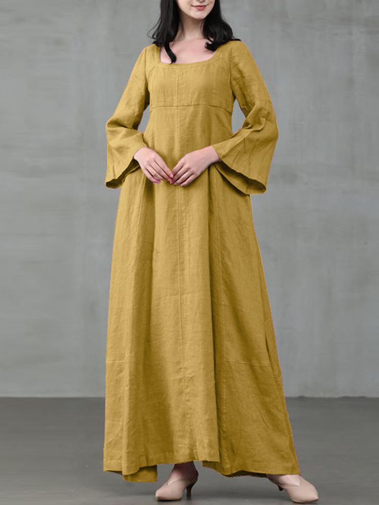 2023 ZANZEA Women Autumn Dress Vintage Square Collar Long Flare Sleeve Sundress Loose Party Dresses Robe Casual Cotton Vestido7