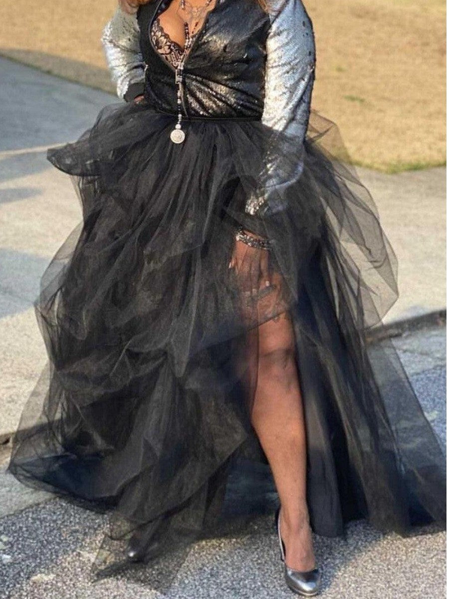 LW Plus Size Split Ball Gown Puffy Skirt 2022 Casual Elastic Mesh Puffy Women's Irregular Ball Gown Lady Oversize Tulle Skirt