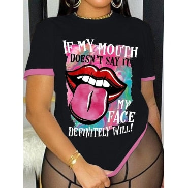 LW Plus Size Lip Letter Print T-shirt summer Short Sleeve T-shirt women's Fashion Round Neck Casual Top Short Sleeve T-shirt