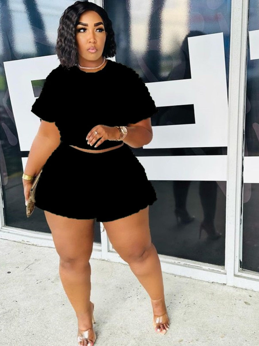 LW Plus Size summer two pieces set Crop Top Waffle Knit Shorts Set Women Summer Short Sleeve T-shirt & shorts Women's Suits