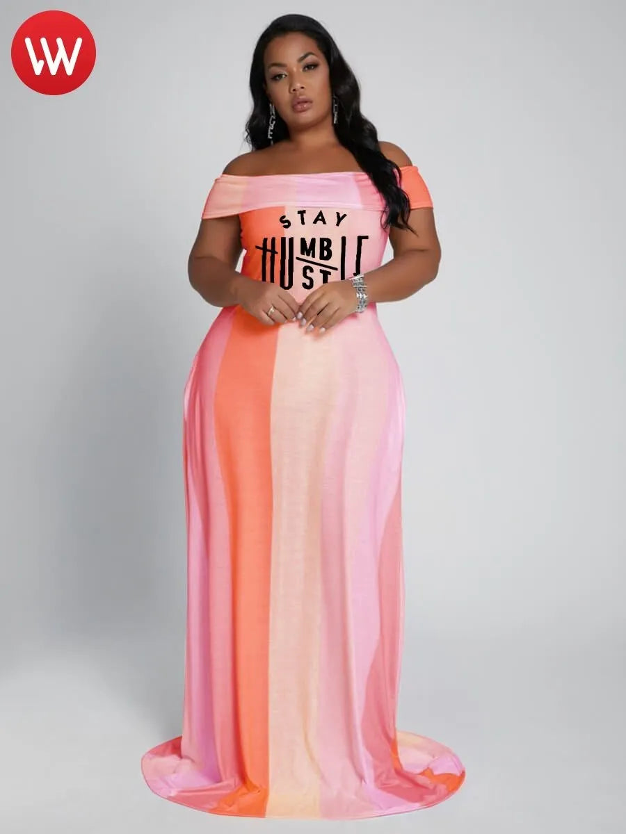 LW Plus Size Dress Boho Fold-over Letter Print Striped Orange Trailing L-5XL Off The Shoulder Vacation Summer Vestidos