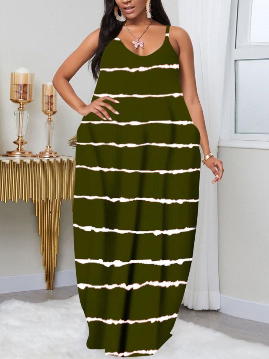 LW Plus Size summer dress Casual V Neck Print Dark Blue Floor Length A Line Dress V Neck 2023 NEW casual women's dress