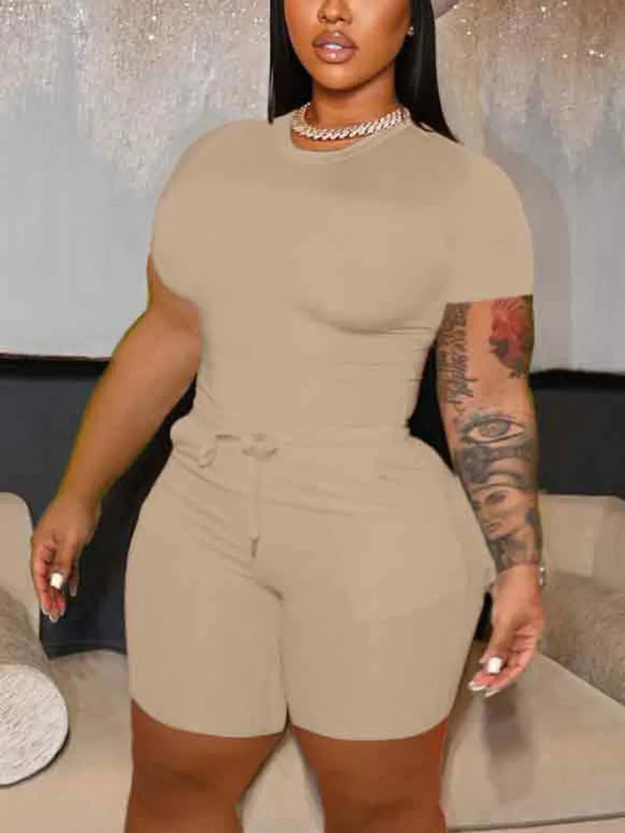 LW Plus Size Shorts Set Pocket Design Drawstring Shorts Set Women's T-shirt+Hot Pants Two Piece Set 2023 Summer Casual set