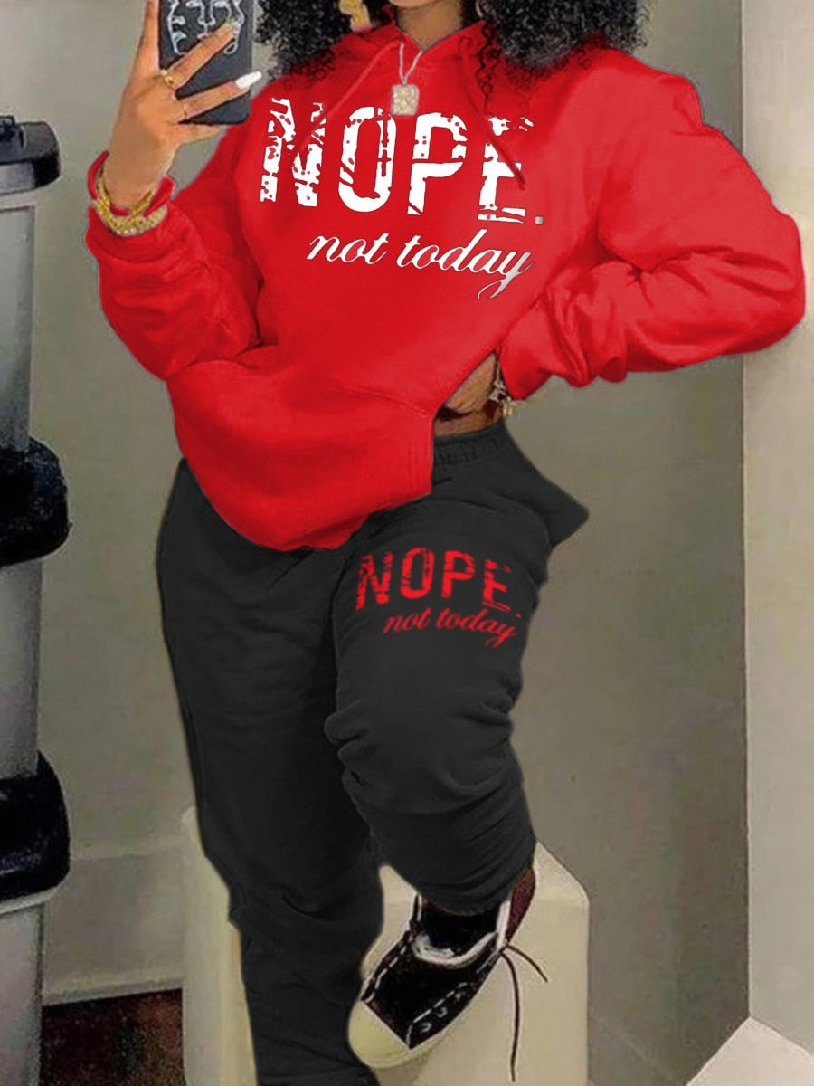 LW Plus Size Women's Tracksuit Nope Not Today Letter Print Tracksuit Set Long Sleeve Hooded Sport Suits Autumn Warm Sweatshirts