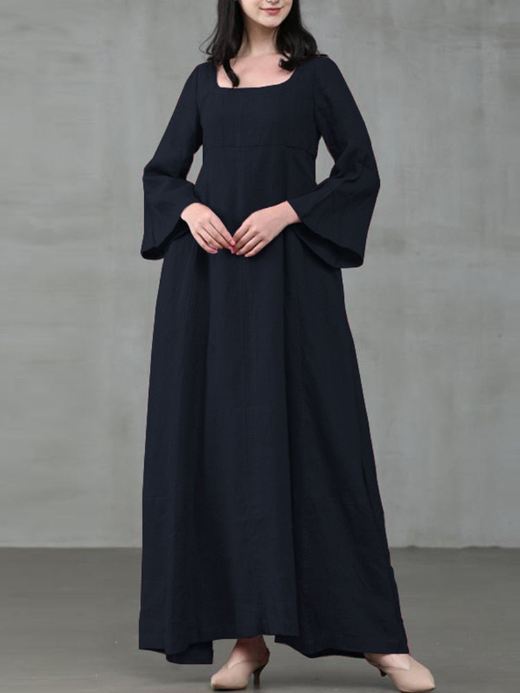 2023 ZANZEA Women Autumn Dress Vintage Square Collar Long Flare Sleeve Sundress Loose Party Dresses Robe Casual Cotton Vestido7