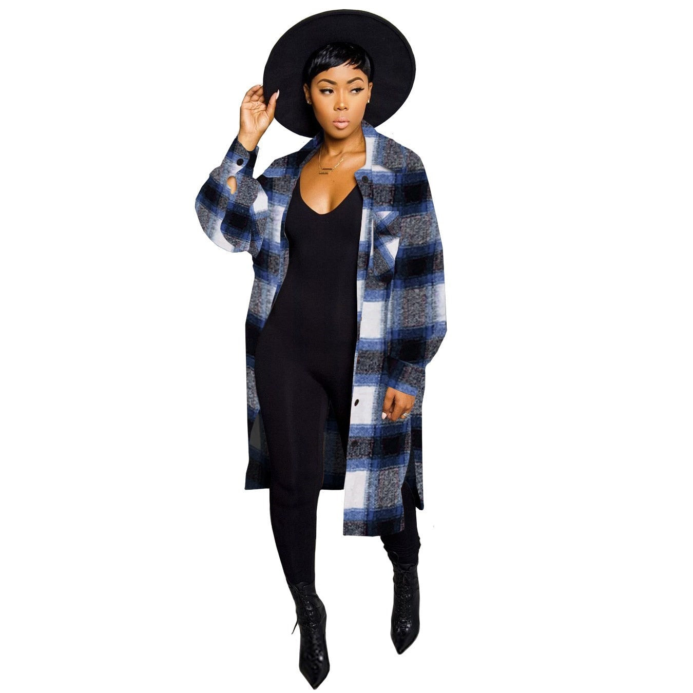 LW Plus Size Plaid Print Side Split Woolen Coat Regular Sleeve Full Print Turndown Collar Casual women's Woolen Coat