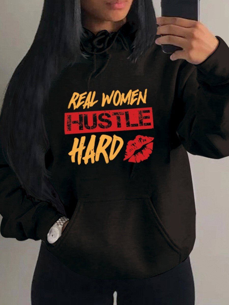 LW Plus Size Hoodie Letter Print Sweatshirts Long Sleeve Drop Shoulder Pocket Design Casual Top coat Women Clothings