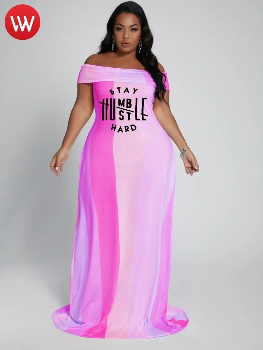 LW Plus Size Dress Boho Fold-over Letter Print Striped Orange Trailing L-5XL Off The Shoulder Vacation Summer Vestidos