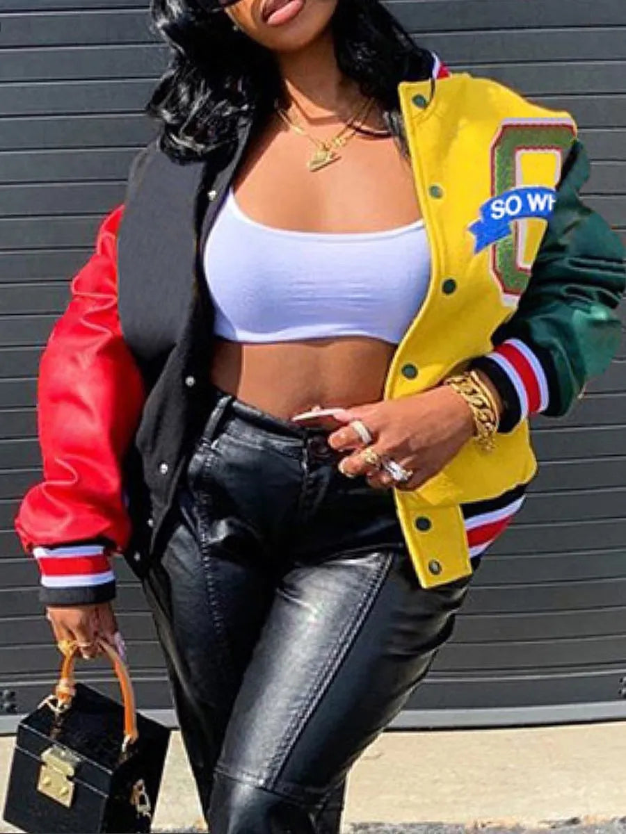 LW Plus Size Letter Decor Patchwork Jacket coat women's Y2K street hip-hop retro baseball uniform couple casual all-match jacket