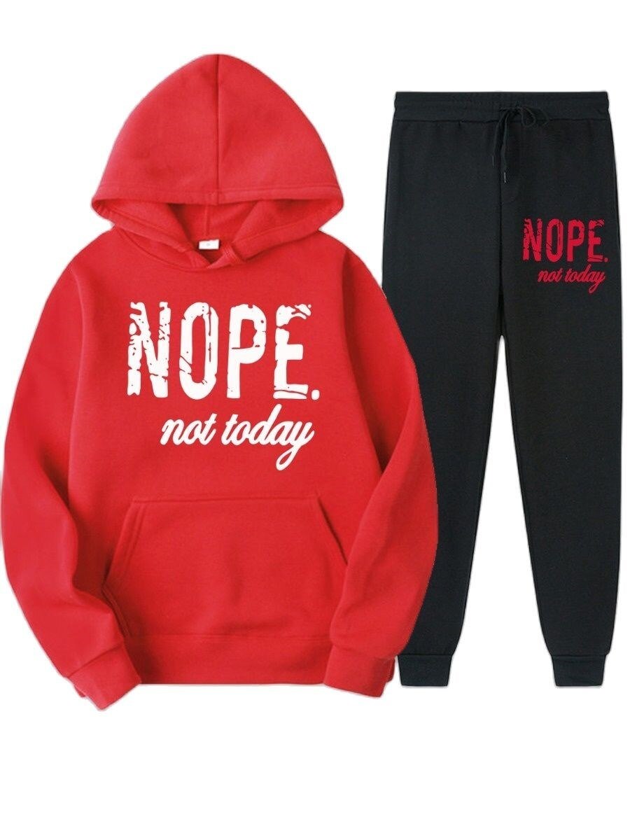 LW Plus Size Women's Tracksuit Nope Not Today Letter Print Tracksuit Set Long Sleeve Hooded Sport Suits Autumn Warm Sweatshirts