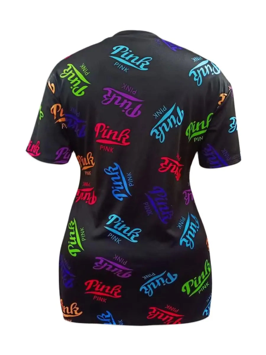 LW Plus Size 2023 Women Summer Sporty Set Pink Letter Print Split Shorts Set O-Neck Tee Tops+Pencil Shorts for Gym Jogging Outfi