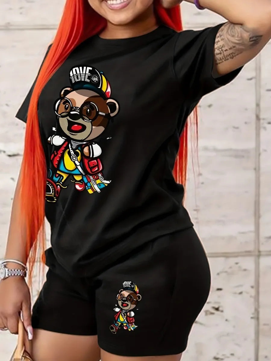LW Plus Size Two Piece Set Cartoon Letter Print Shorts Set Short Sleeve Crop Corset T-shirt & Ladies High Waist Shorts Pants Set