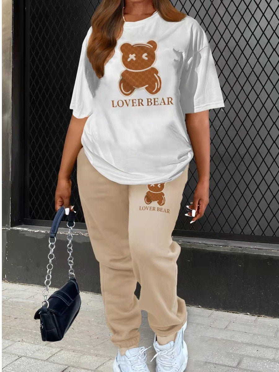 LW Plus Size summer 2pcs set Lover Bear Letter Print Pants Set Casual Round Neck women's short Sleeve + pants set