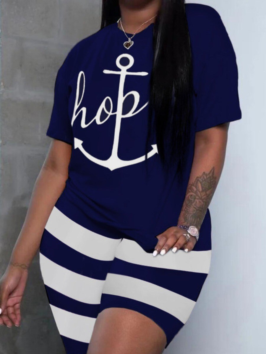 LW Plus Size Two Piece Women Clothes Casual Hope Letter Print O-neck Tees+ Sporty Stretch Striped Shorts Set