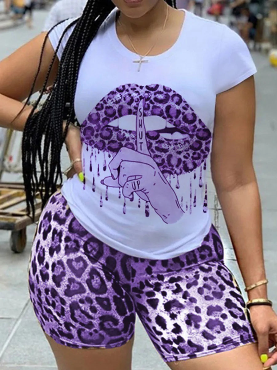 LW Plus Size Women Two Piece Set Leopard Lip Print Purple Two-piece Shorts Set T Shirts & Shorts Sexy Outfit For Woman Clothing