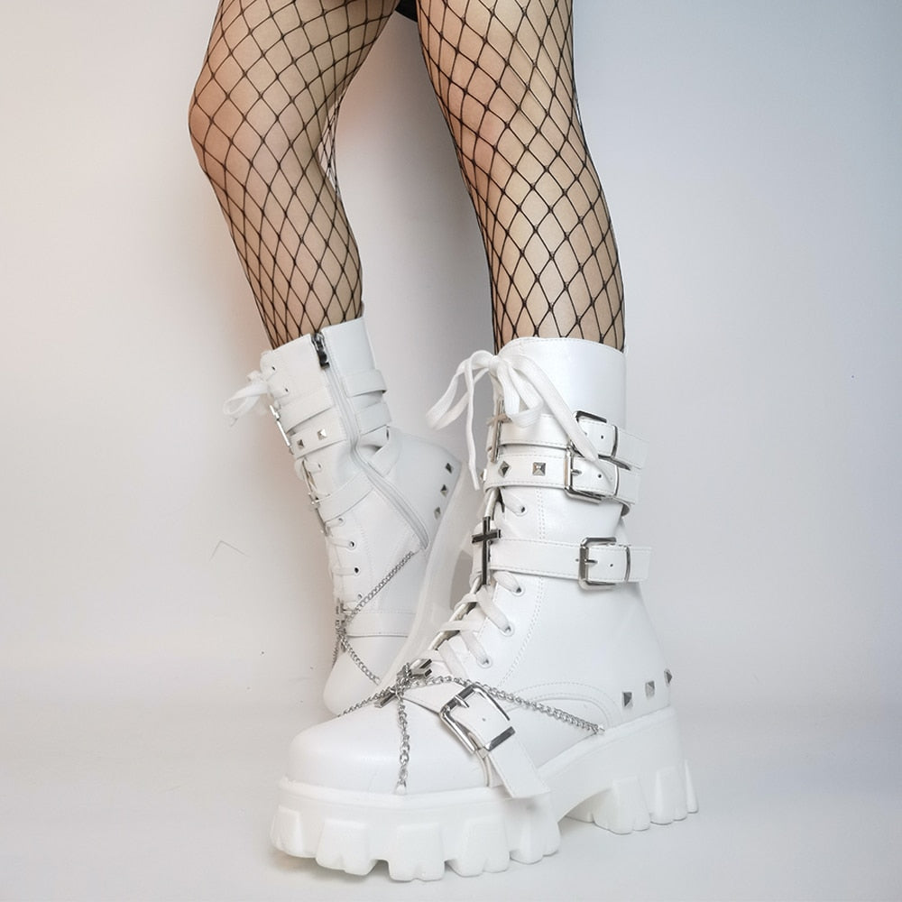 GIGIFOX Fashionable Trendy Black White Gothic Platform Buckles Chains Punk Rivets Combat Motorcycle Boots Shoes For Women 2022