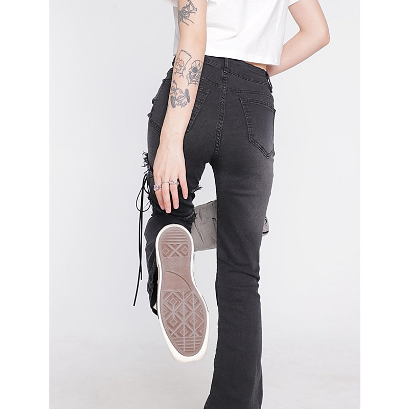 Women's Clothing Flare Jeans Black Lacing High Waist Stretchy Self Cultivation Vintage Casual Baggy Ladies Denim Trouser Summer