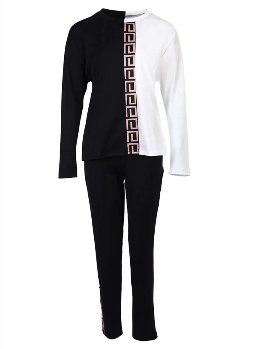 LW Plus Size Geometric Print Patchwork Pants Set Women's tracksuit Long Sleeve Top & Pants Set 2 Piece Sets Womens Outfits