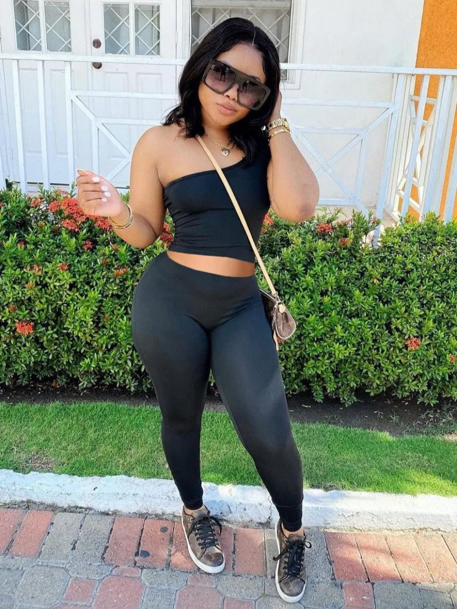 LW One Shoulder Crop Top Pants Set Casual Solid Slim Stretch Two Piece Sets sexy Women Sports Crop Top+High Waist pants set