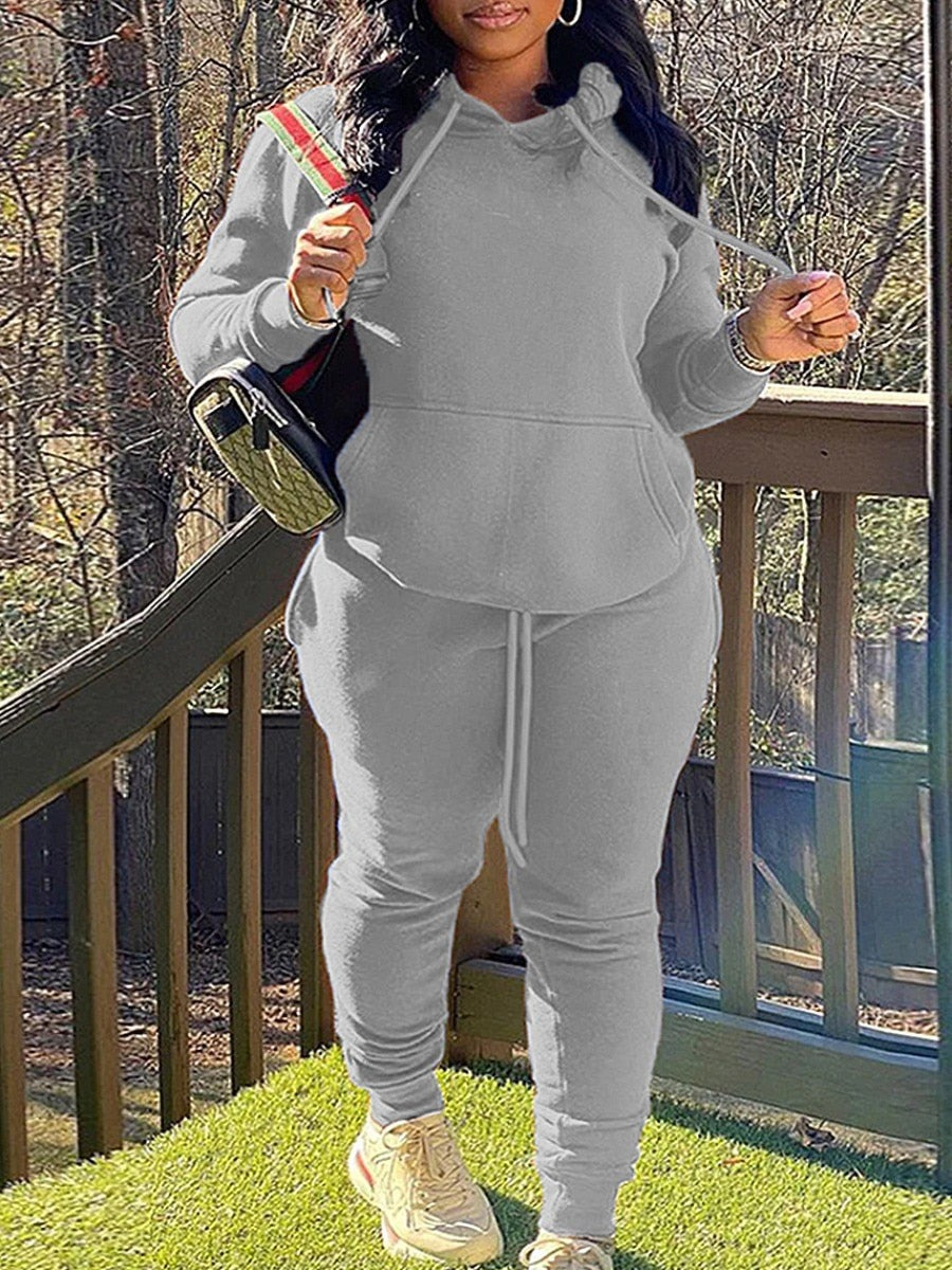 LW BASICS Plus Size Kangaroo Pocket Drawstring Tracksuit Set 2022 Autumn winter warm Two Piece Set Long Sleeved Hoodies Sportsw