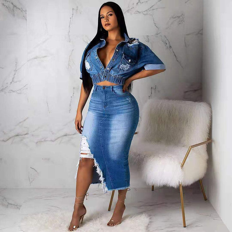 African Summer Women's Sets Casual Slim Jeans Dress Women Short Jacket +tassel Skirt Jeans Denim 2 Piece Set Denim Matching Set