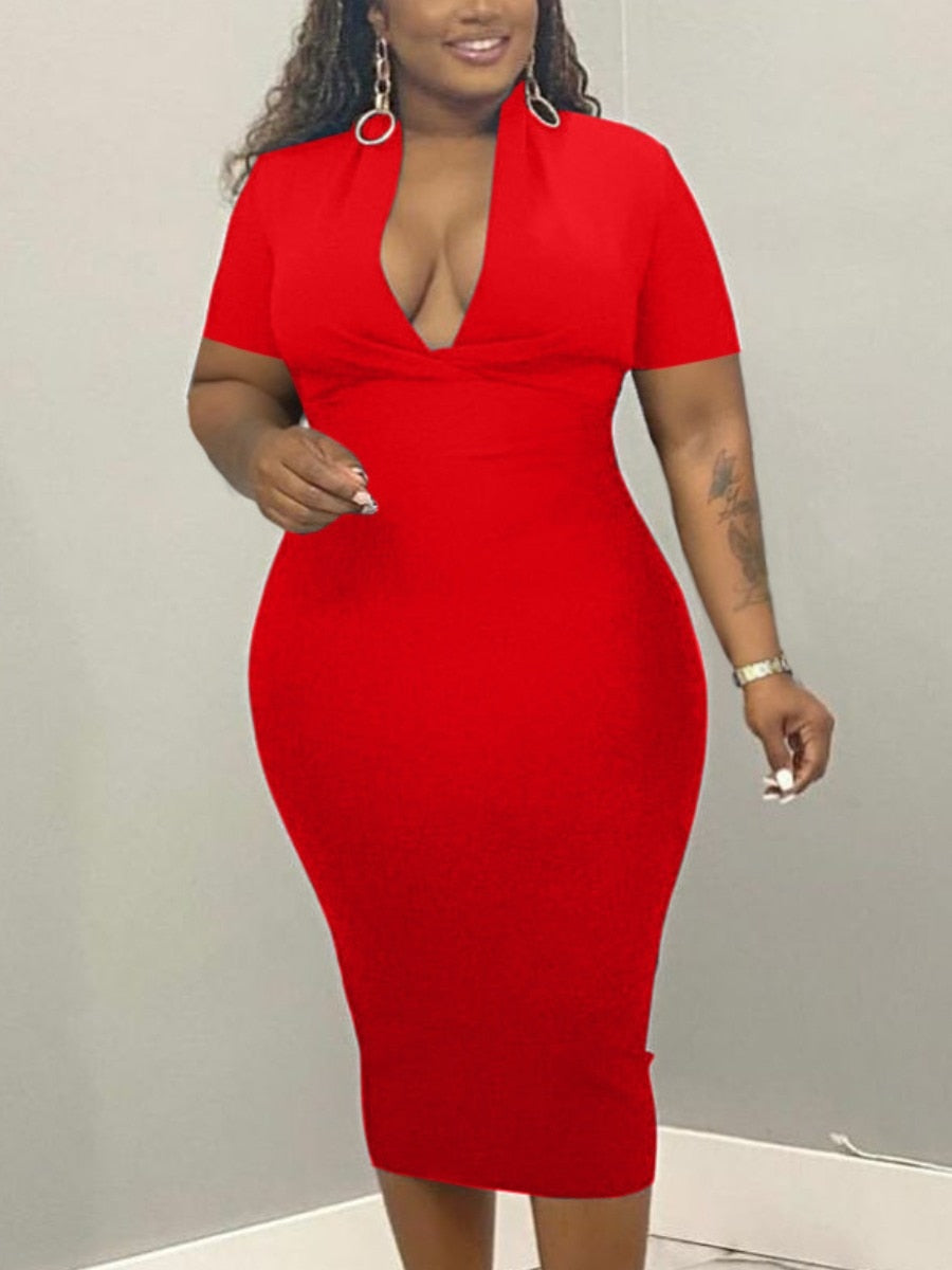 LW Plus Size Dresses V Neck Bodycon Dress women's elegant sexy office midi dress summer autumn short sleeve Bodycon Wrap Dress