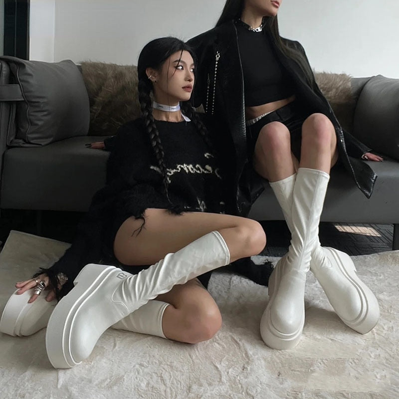 Gothic Boots for Women Fashion Punk Style Ladies Long Booties Autumn Winter Thick Bottom Women's Knee High Booties