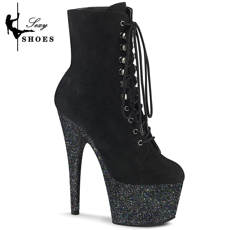 Patchwork Bling Sexy Women's Ankle Boots Thin Heels 17CM Sequined Round Toe Lace-up Short Boots Gothic Style Pole Dancing Shoes