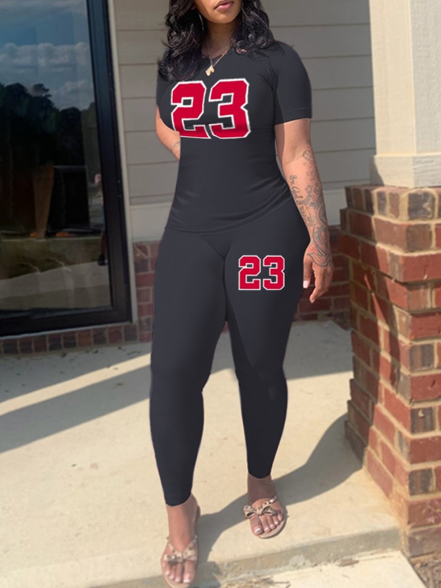 LW Plus Size Women summer Casual Loose 2 Piece Set Letter Print Pocket Design Pants Set short sleeve & legging sport set