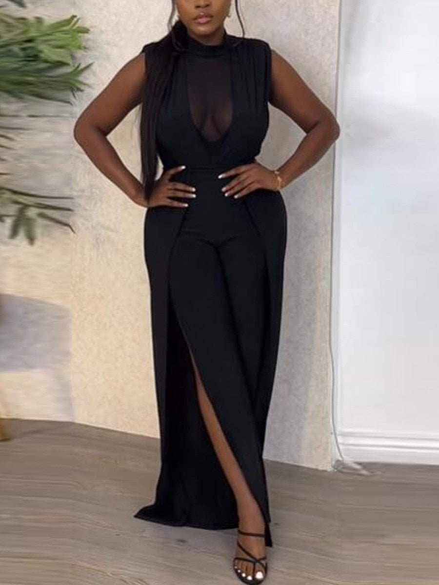LW Plus Size jumpsuit Women's Jumpsuit See Through High Split Jumpsuit Sleeveless One Piece Overalls Elegant office jumpsuit