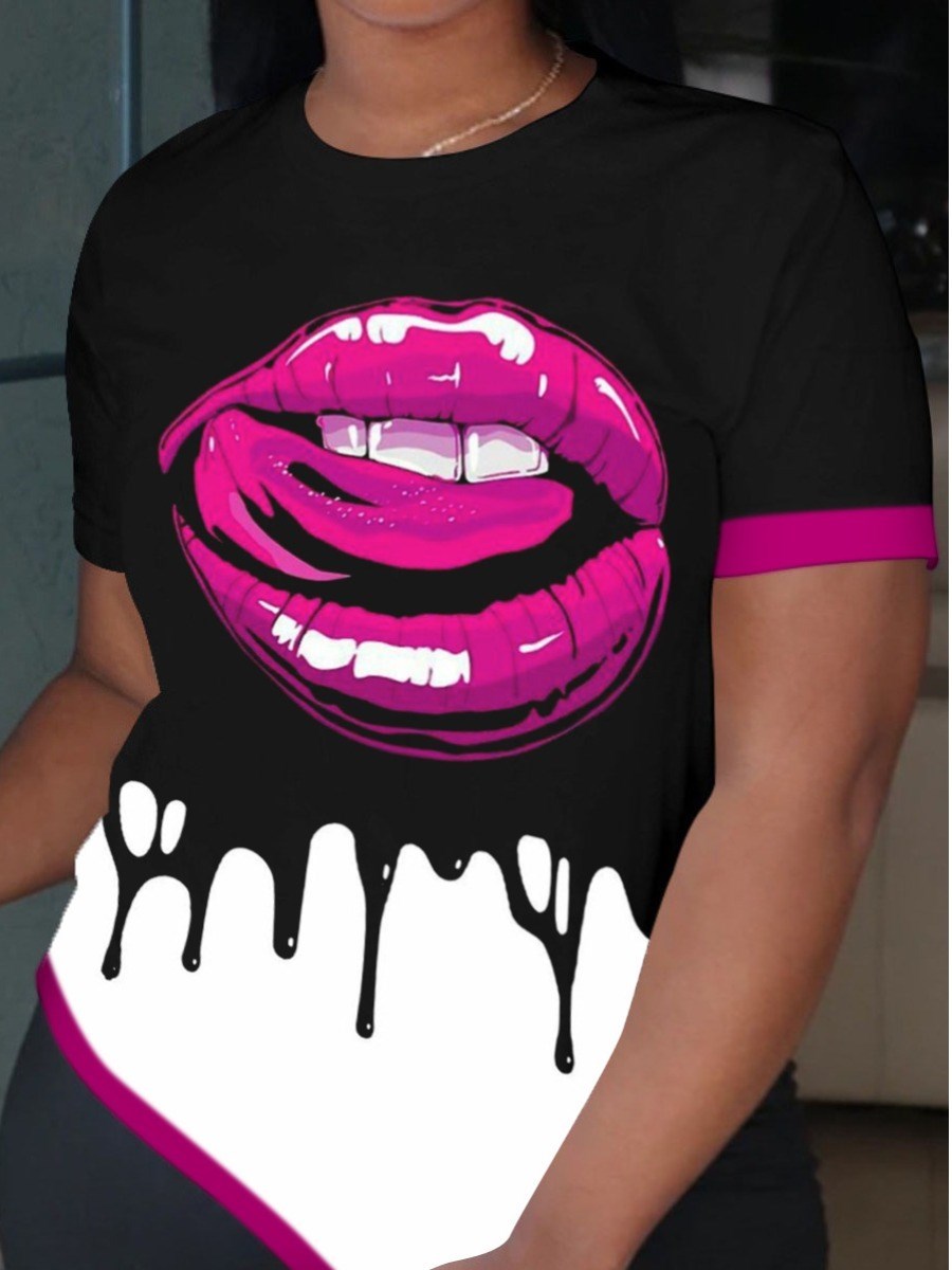 LW Plus Size Round Neck Lip Print T-shirt Women's T-Shirt Cotton Summer Female Top Tee For Lady Girl Funny Round neck T-shirts