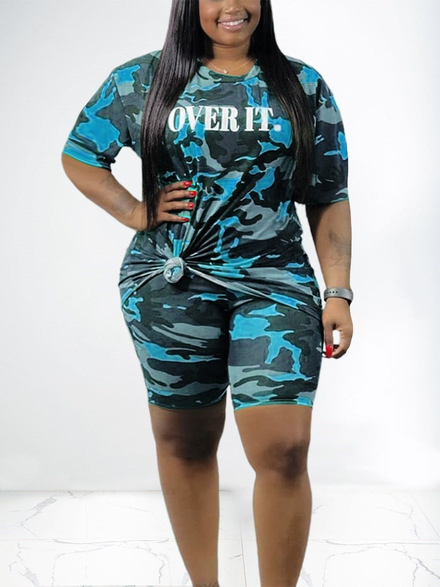 LW Plus Size Summer Women's Suit Camo Print Shorts Set Casual Short Sleeve Top Shorts Two Piece Set Tracksuits 2 Pieces Outfit