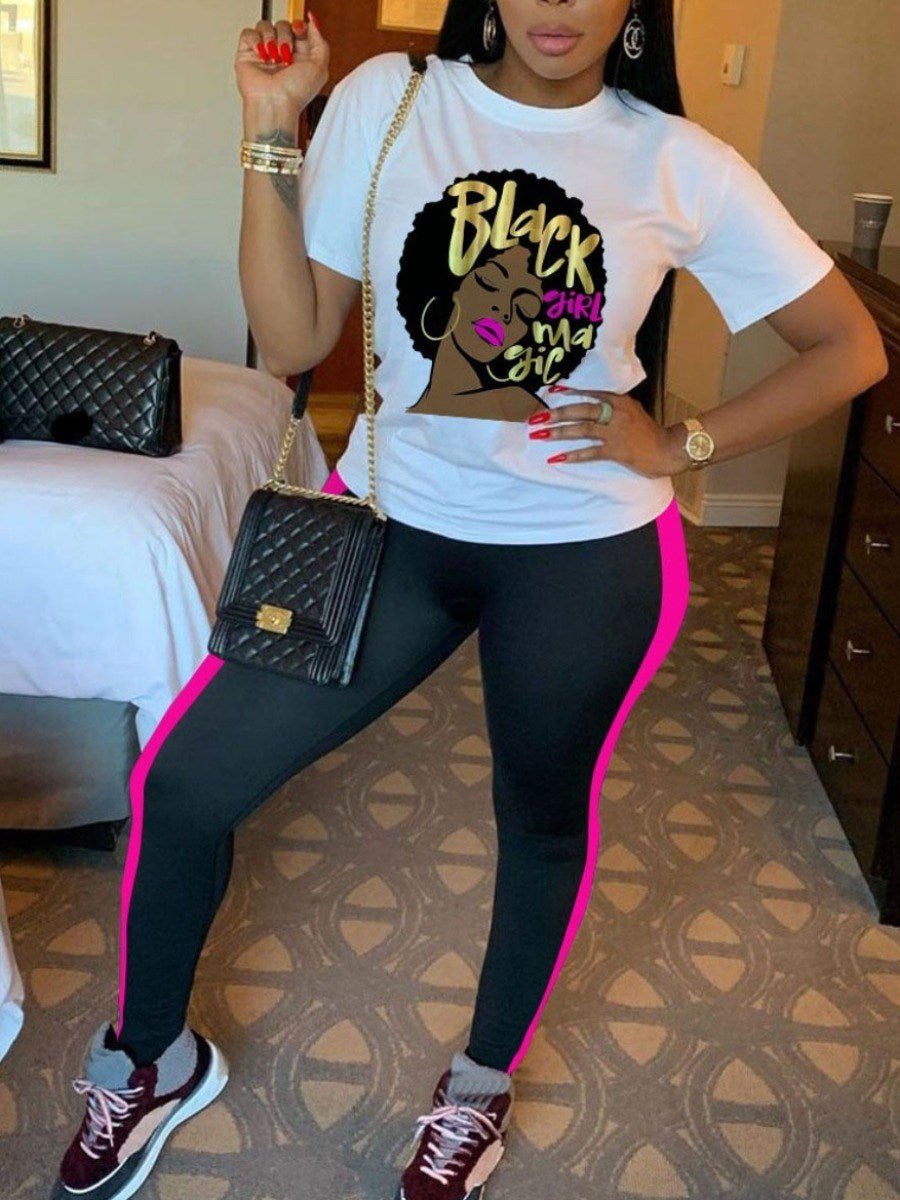 LW Plus Size Letter Print Striped Pants Set summer Two Piece Women Tracksuit Set short sleeve&leggings sports Lady Matching Sets