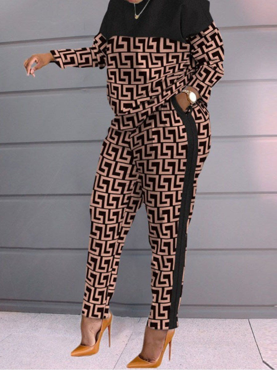 LW Plus Size Geo Print Patchwork Pants Set 2022 Tracksuits Women Elegant Two-Pieces Suit Female Greek Fret Print Coat & Pant set