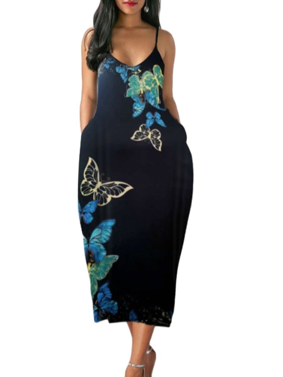 LW BASICS Plus Size Women's Dress Butterfly Print A Line Cami Dress Summer Backless Maxi Dress Floral Print Formal Party Dresse