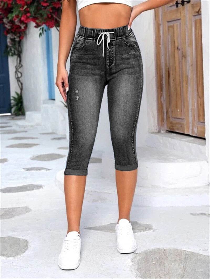 2023 New Black and Blue Elastic Waist Women Ripped Calf-Length Jeans Fashion High Stretch Skinny Slim Denim Pencil Pants S-2XL