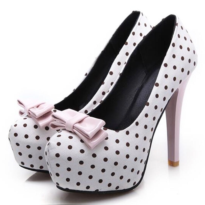 Women&#39;s Pumps 2021 Spring Autumn New Sweet Polka Dot High-Heeled Round Toe Single Shoes Bow Thin Heels Plus Size Female Shoes