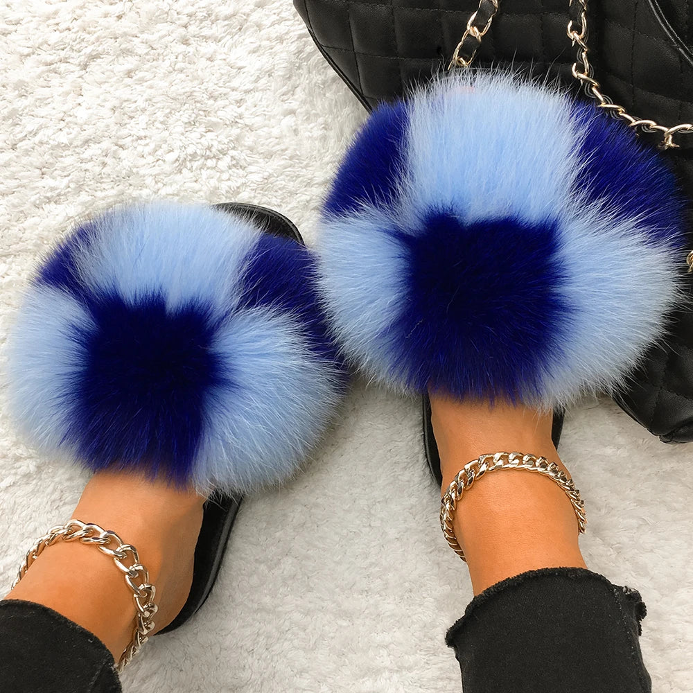 Fluffy Flip Flops Real Fox Fur Slippers Cute Ladies Furry Fur Slides Plush Beach Slippers Flat Summer Sandals Women House Shoes