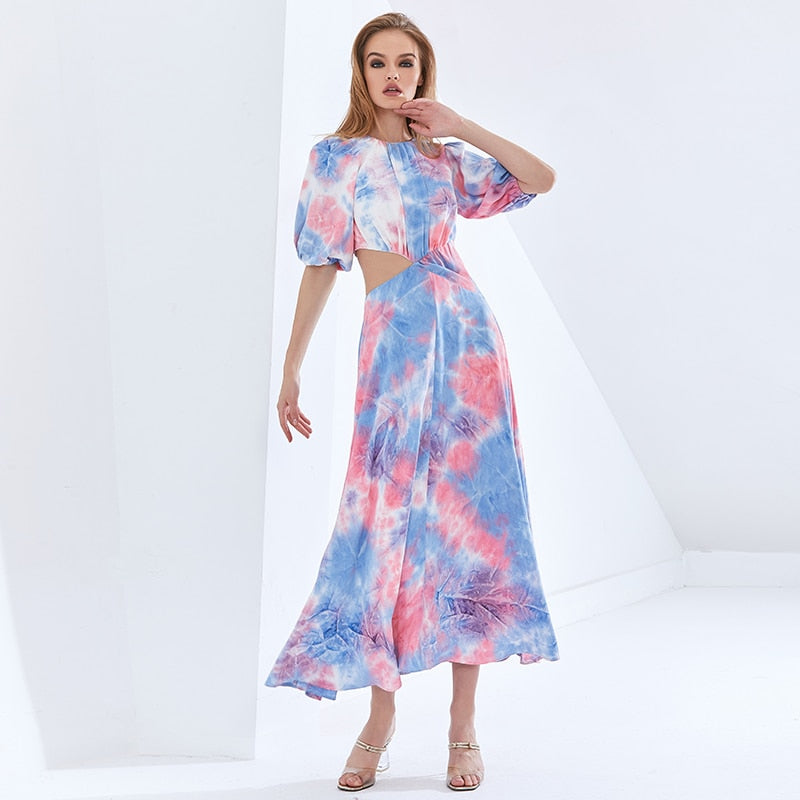 TWOTWINSTYLE Patchwork Hit Color Asymmetrical Summer Dress For Female Puff Sleeve High Waist Hollow Out Dresses Women 2021 New