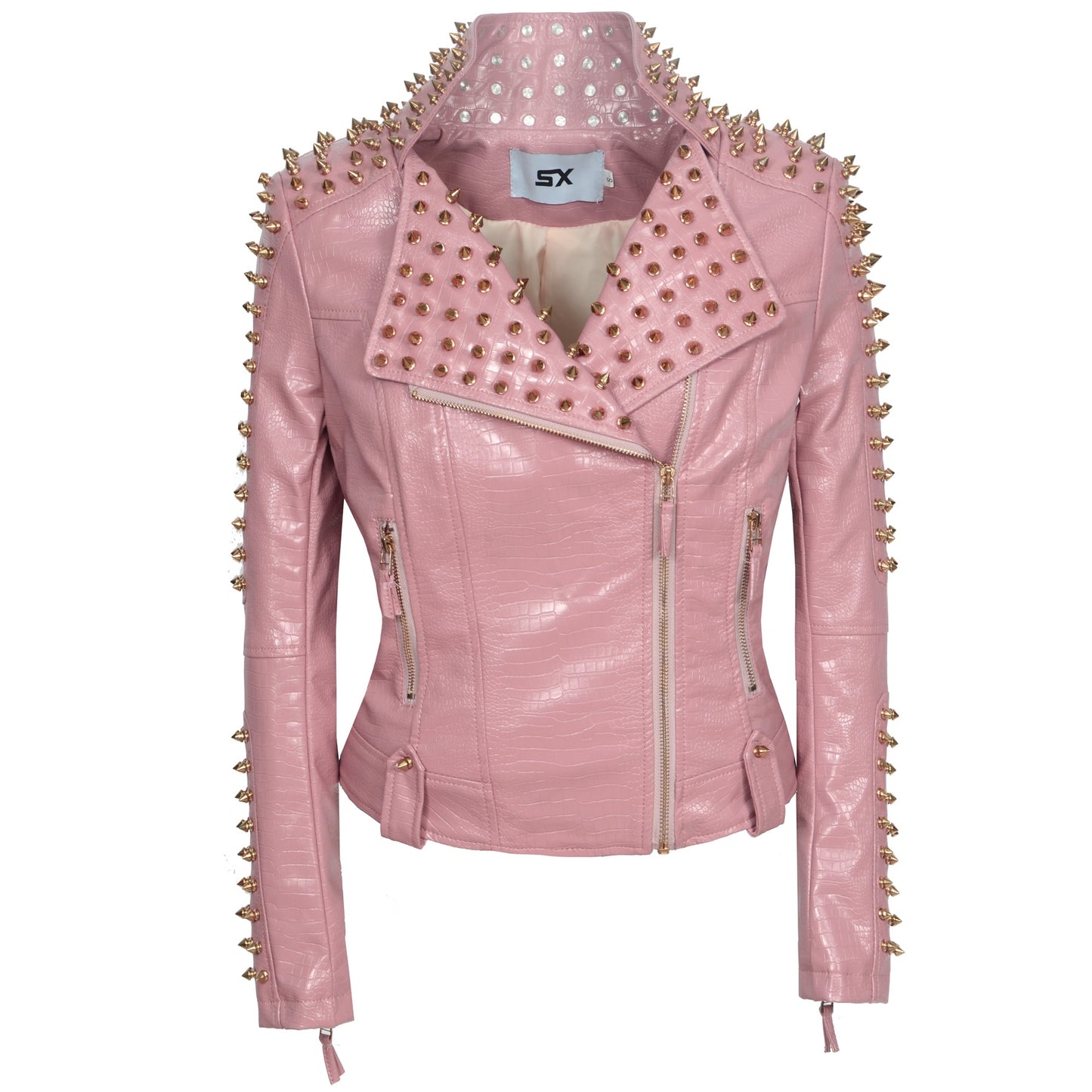 New Women Spring Leopard Print PU Rivet Jacket Zipper Studs Coat Lapel Collar Moto Belt Female Faux Leather Windbreak Outerwear