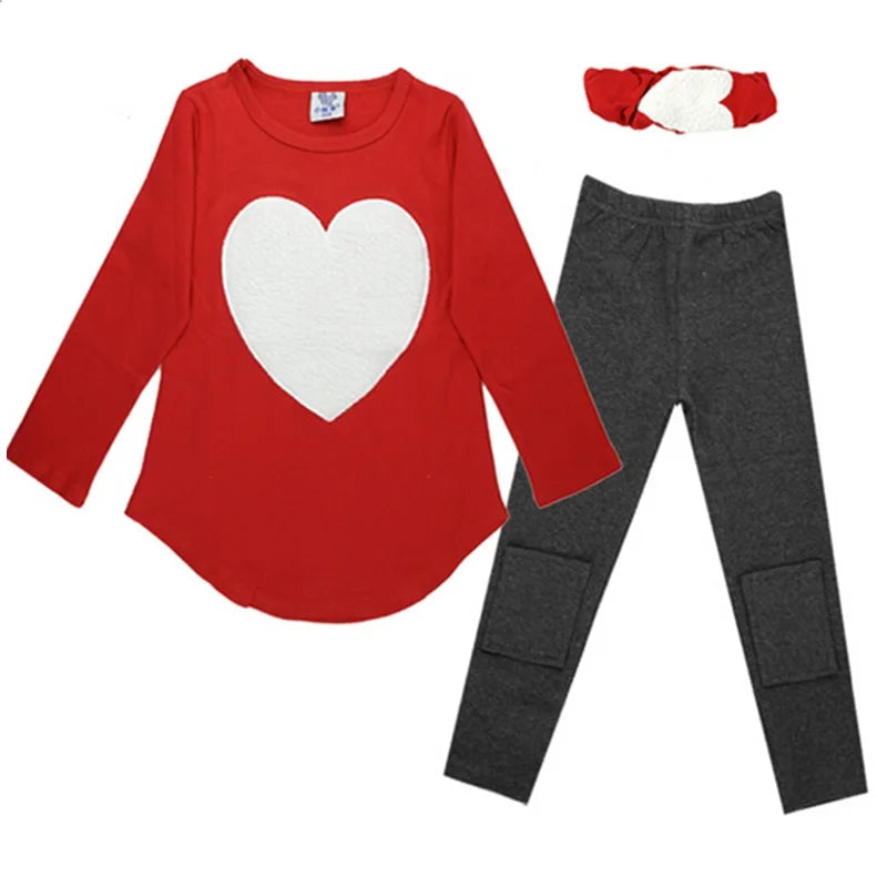 3pcs 1pc Hair Band+1pc Shirts+1pc Pants Children's Clothing Set Girls Long Sleeve Clothes Suits Red Pink Heart Cotton