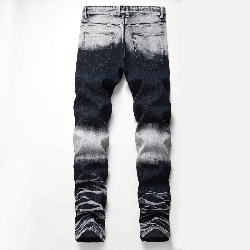 Men’s High Quality Tie-Dyed Stretch Denim Pants,Slim-fit Ripped Jeans pants,Zipper Leg-opening Casual Jeans,Youth Cool Must