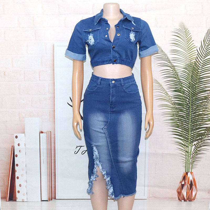 African Summer Women's Sets Casual Slim Jeans Dress Women Short Jacket +tassel Skirt Jeans Denim 2 Piece Set  Denim Matching Set