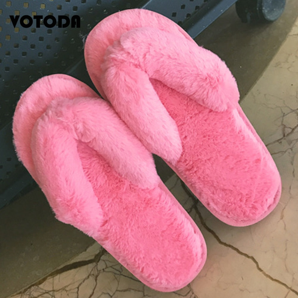 Winter Women Home Slippers Faux Fur Warm Slides Indoor Floor Plush Flip Flops Woman Soft Cotton Slippers Non-slip Flat Shoes