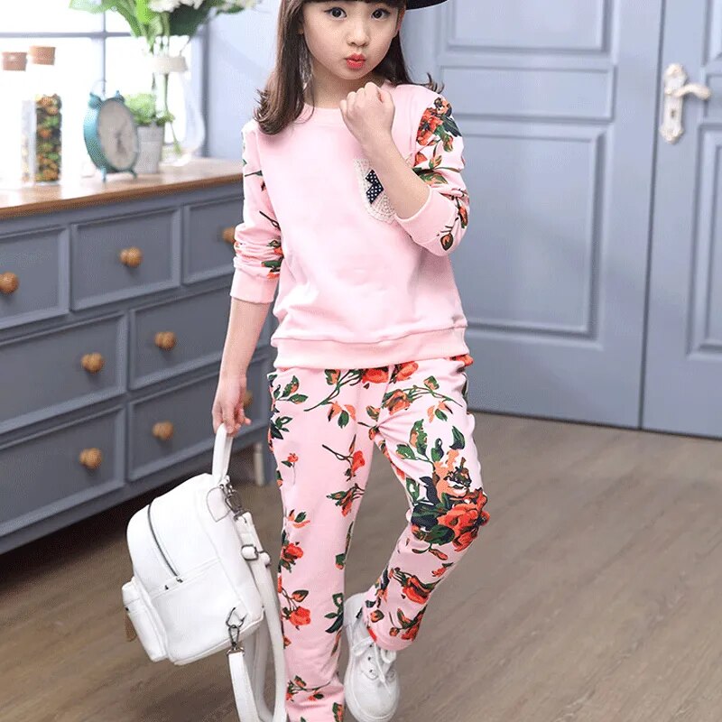 Winter Children Clothing Sets for Girls Floral Baby Girl Clothes Cotton Kids Tracksuit Sweatshirt+Pants Christma Costume Outfit