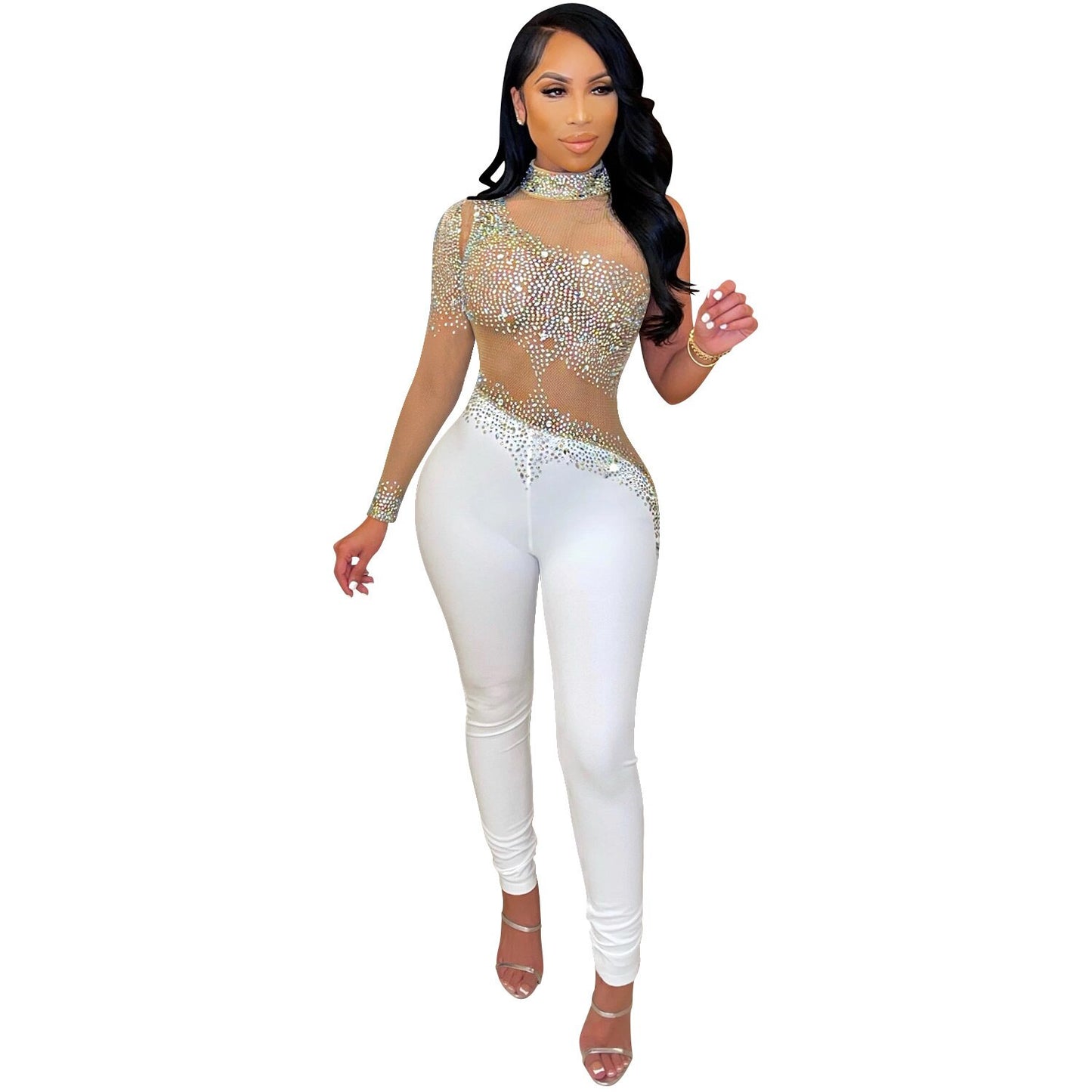 Cutubly Long Sleeve Rhinestone See Through Mesh Insert Jumpsuit Elegant 2023 Party Rompers And Jumpsuits For Women One Piece