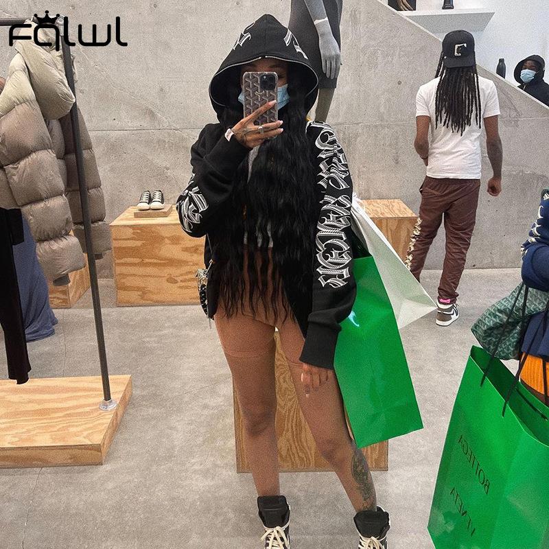 FQLWL  Retro Letter Print Hoodies Autumn Winter High Street Zip Up Long Sleeve Jacket Coats Y2k Oversized Hooded Sweatshirts