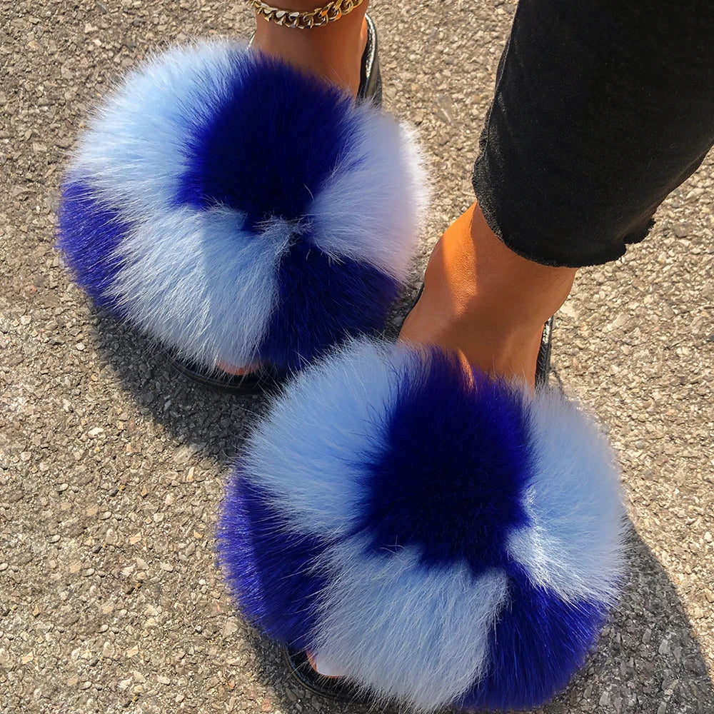 Fluffy Flip Flops Real Fox Fur Slippers Cute Ladies Furry Fur Slides Plush Beach Slippers Flat Summer Sandals Women House Shoes