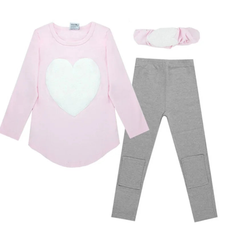 3pcs 1pc Hair Band+1pc Shirts+1pc Pants Children's Clothing Set Girls Long Sleeve Clothes Suits Red Pink Heart Cotton